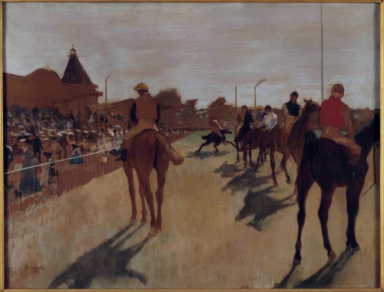 Parada przed trybunami, zwana także końmi wyścigowymi autorstwa Edgar Degas