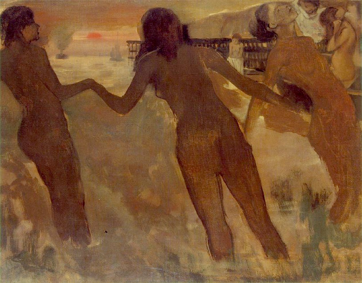 Chłopskie dziewczyny kąpiące się o zmierzchu, 1875-76 autorstwa Edgar Degas