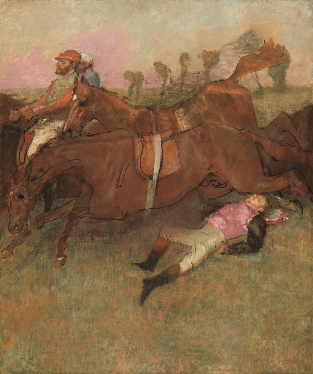 Scena z biegu z przeszkodami: Upadły dżokej, 1866 autorstwa Edgar Degas