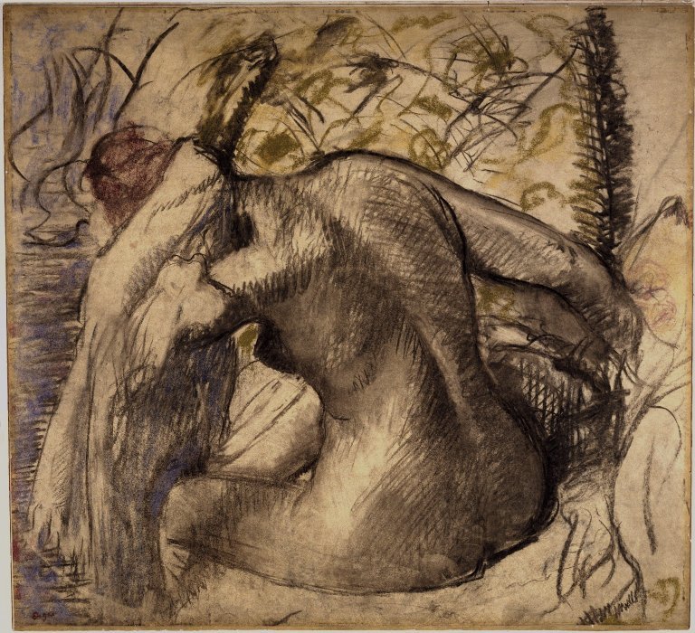 Siedząca naga kobieta susząca włosy autorstwa Edgar Degas