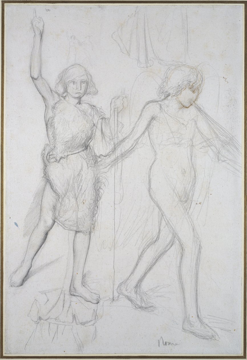 Św. Jan Chrzciciel z aniołem idącym przed nim, po prawej (ołówek z długopisem i brązowym tuszem na papierze) autorstwa Edgar Degas