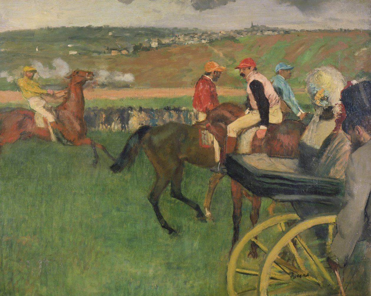 Tor wyścigowy - Dżokeje amatorzy w pobliżu bryczki, ok. 1876-87 autorstwa Edgar Degas