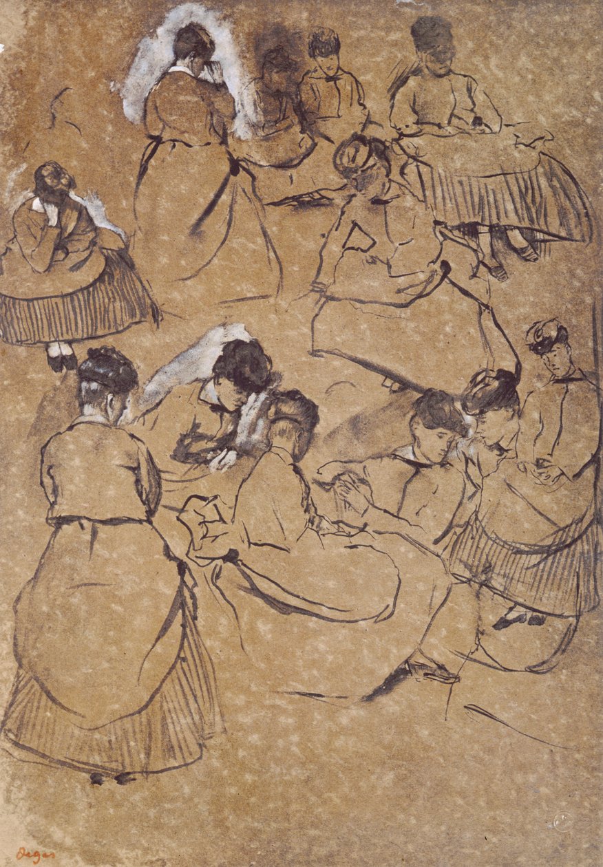 Dwanaście badań kobiet w strojach Drugiego Cesarstwa (pióro i atrament na papierze płowym) autorstwa Edgar Degas