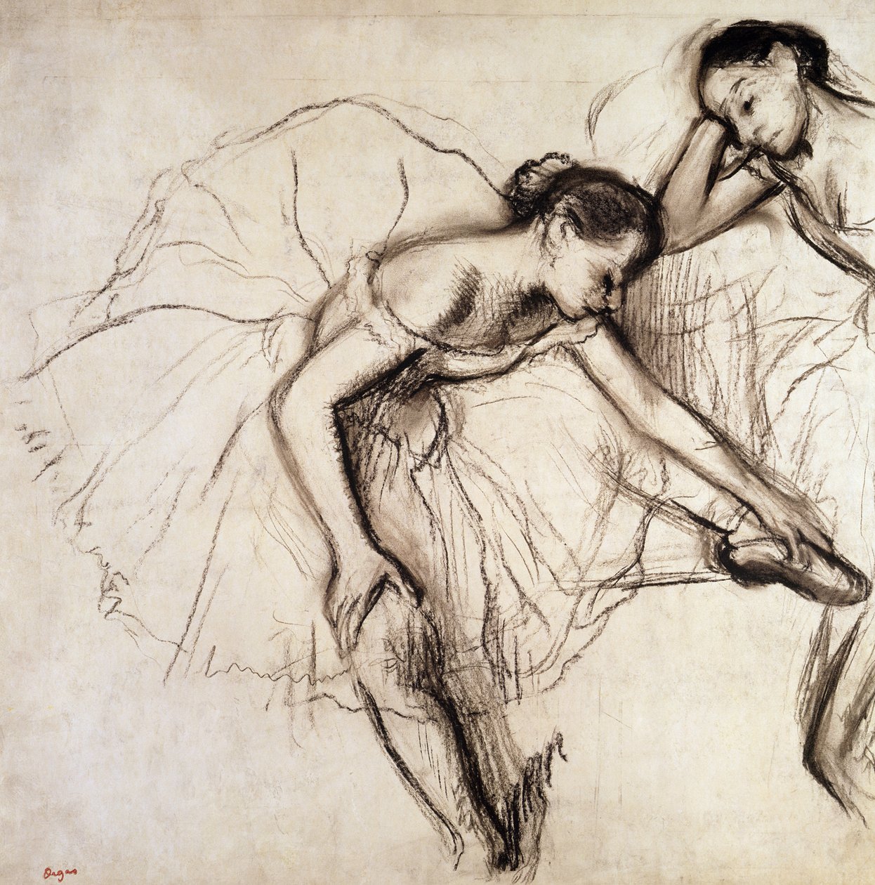 Dwóch tancerzy odpoczywających (węgiel na papierze) autorstwa Edgar Degas