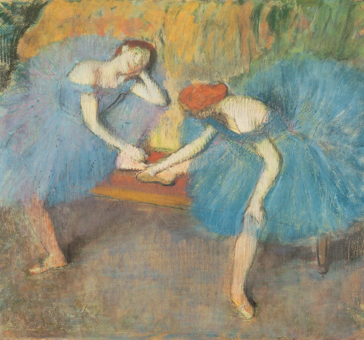 Dwóch tancerzy w spoczynku lub, Błękitni tancerze, ok. 1898 (pastel na papierze) autorstwa Edgar Degas