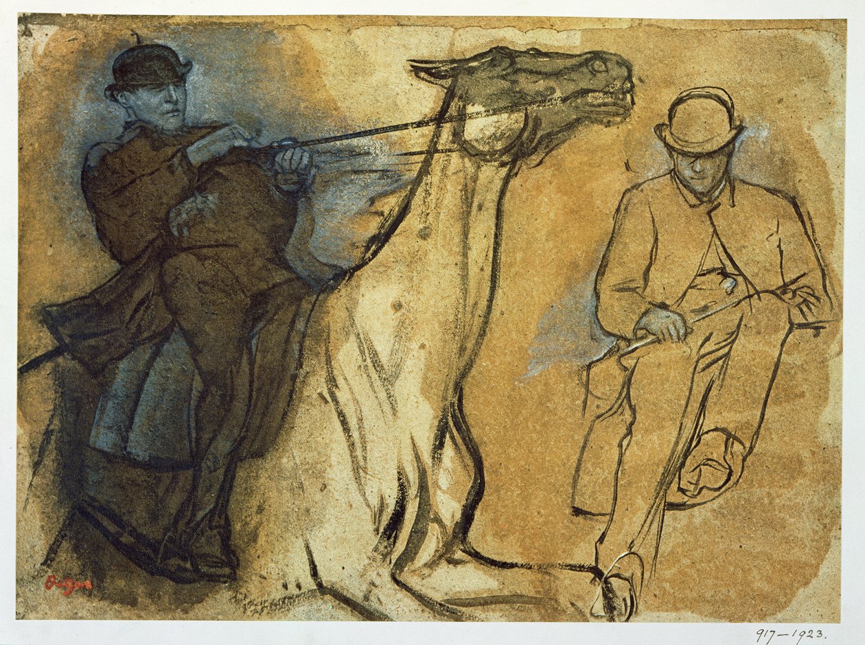 Dwa badania jeźdźców (pióro i atrament, olej i gwasz na papierze buff) autorstwa Edgar Degas