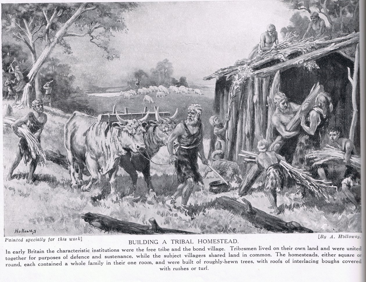 Budowa plemiennej zagrody, ilustracja z „Historii narodów Hutchinsona”, ok. 1910 r. autorstwa Edgar Alfred Holloway