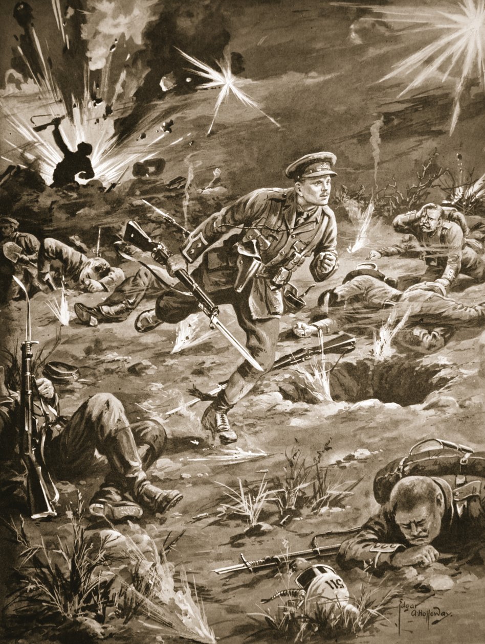 Porucznik Geary spieszący pod ciężkim ostrzałem pocisków do rowu po prawej stronie wzgórza 60, aby skontaktować się z oficerem autorstwa Edgar Alfred Holloway