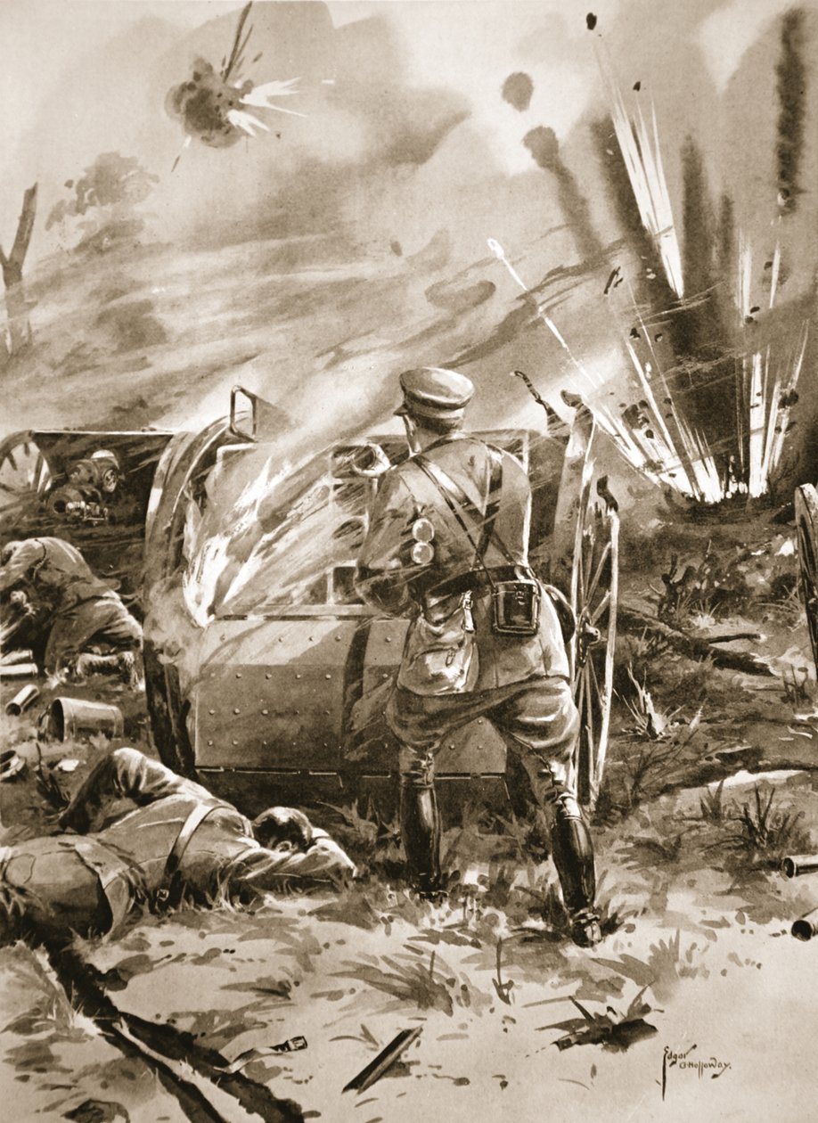 Major Warren usuwa naboje z płonącego wozu amunicyjnego na wielkie osobiste ryzyko autorstwa Edgar Alfred Holloway