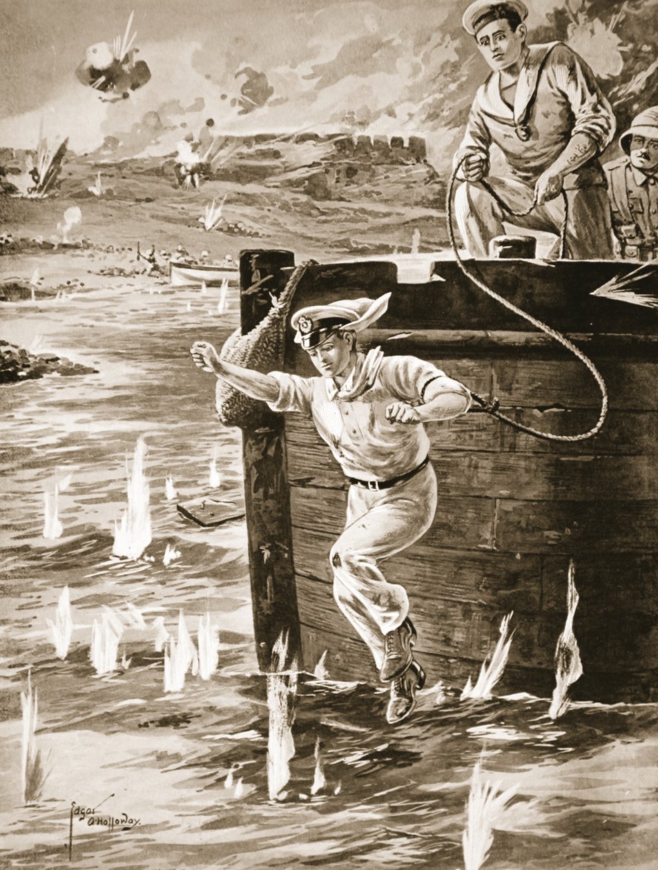 Midshipman Malleson skaczący z liną z barki, aby połączyć inną dryfującą barkę autorstwa Edgar Alfred Holloway