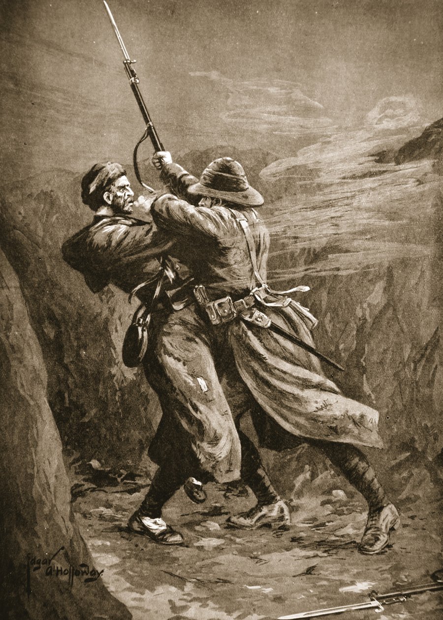 Szeregowy Lavin zmaga się z tureckim bombowcem w brytyjskim sapie w zatoce Suvla w Gallipoli autorstwa Edgar Alfred Holloway