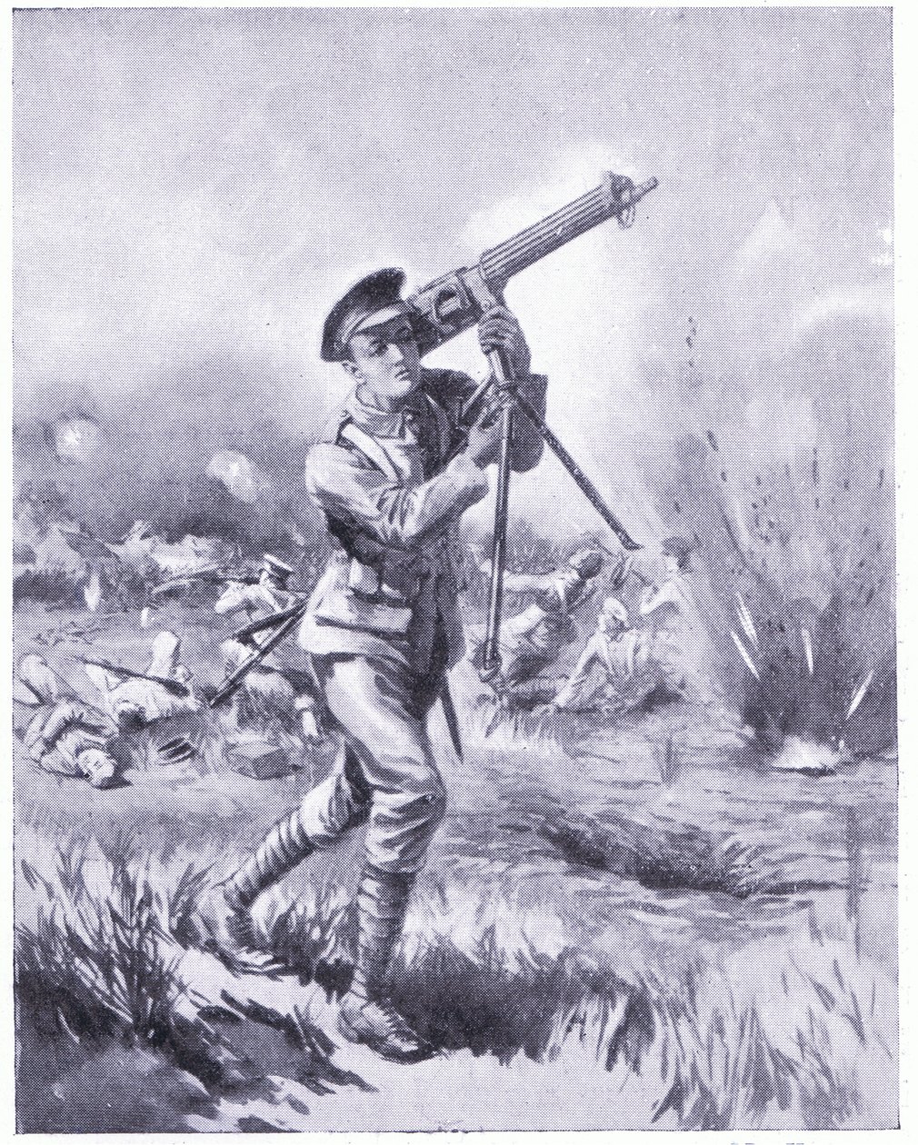 Szeregowy Lynn niosący karabin maszynowy do naprawy pod ciężkim ostrzałem w bitwie pod Aisne. Odznaczony DCM 1915 autorstwa Edgar Alfred Holloway