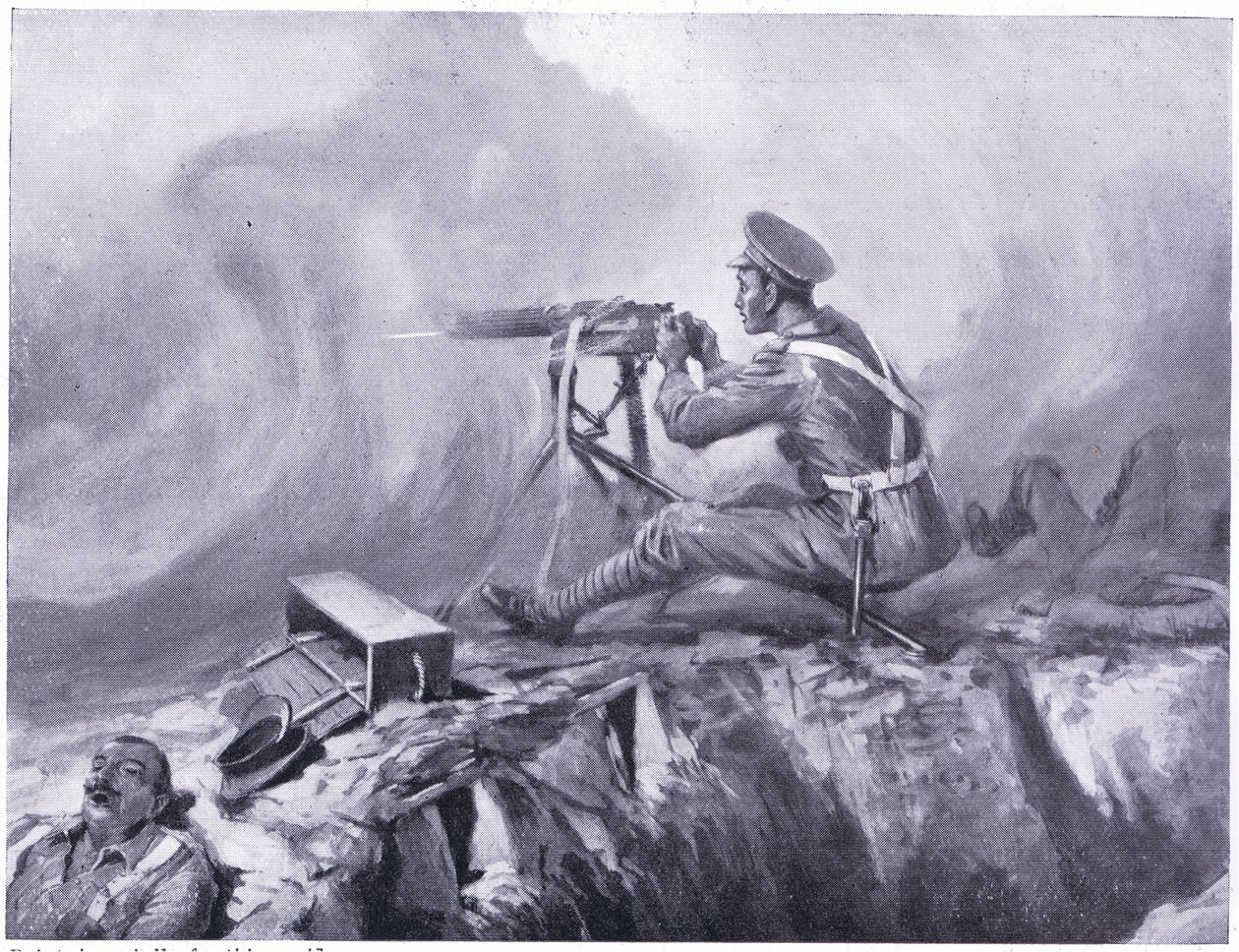 Szeregowy Lynn umiera na zatrucie gazem, służy karabinem maszynowym i odpiera niemiecki atak. Ypres kwiecień 1915 autorstwa Edgar Alfred Holloway