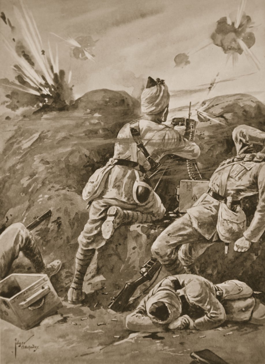 Sepoy Khudadad pracujący z karabinem maszynowym po tym, jak reszta oddziału strzelców została zabita autorstwa Edgar Alfred Holloway