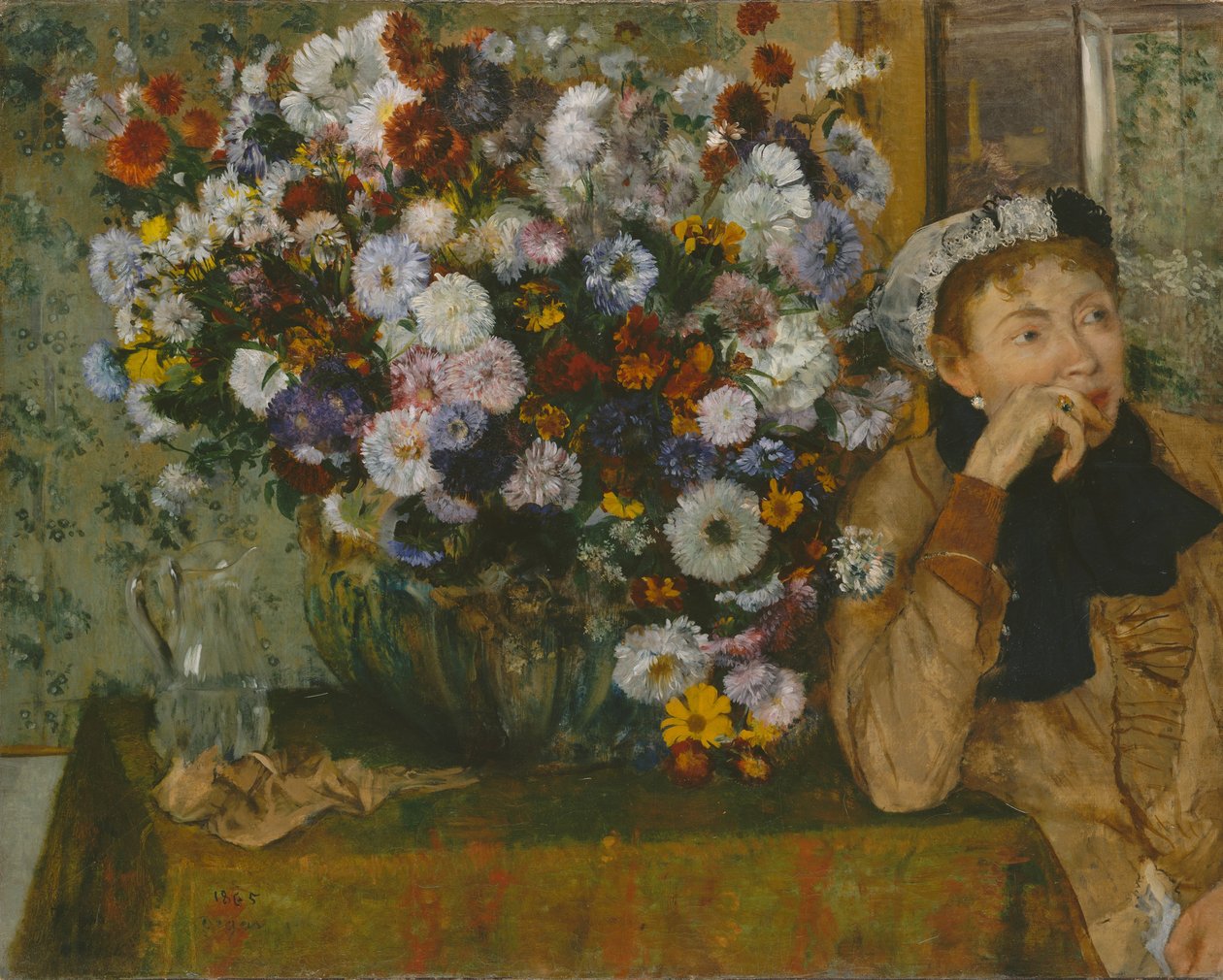 Kobieta siedząca obok wazonu z kwiatami Madame Paul Valpinçon, 1865. autorstwa Edgar Degas
