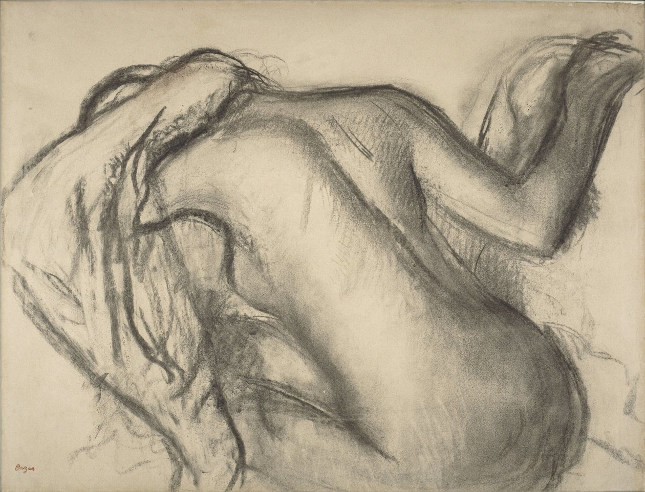 Po kąpieli, Kobieta susząca włosy, ok. 1893–98 (węgiel i brązowa kreda na papierze) autorstwa Edgar Degas