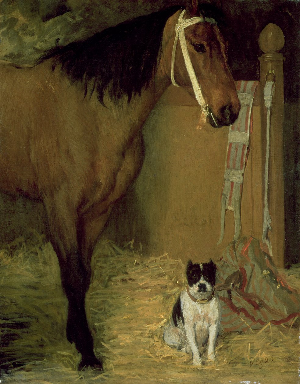 W stajni, koń i pies, ok. 1862 r. autorstwa Edgar Degas