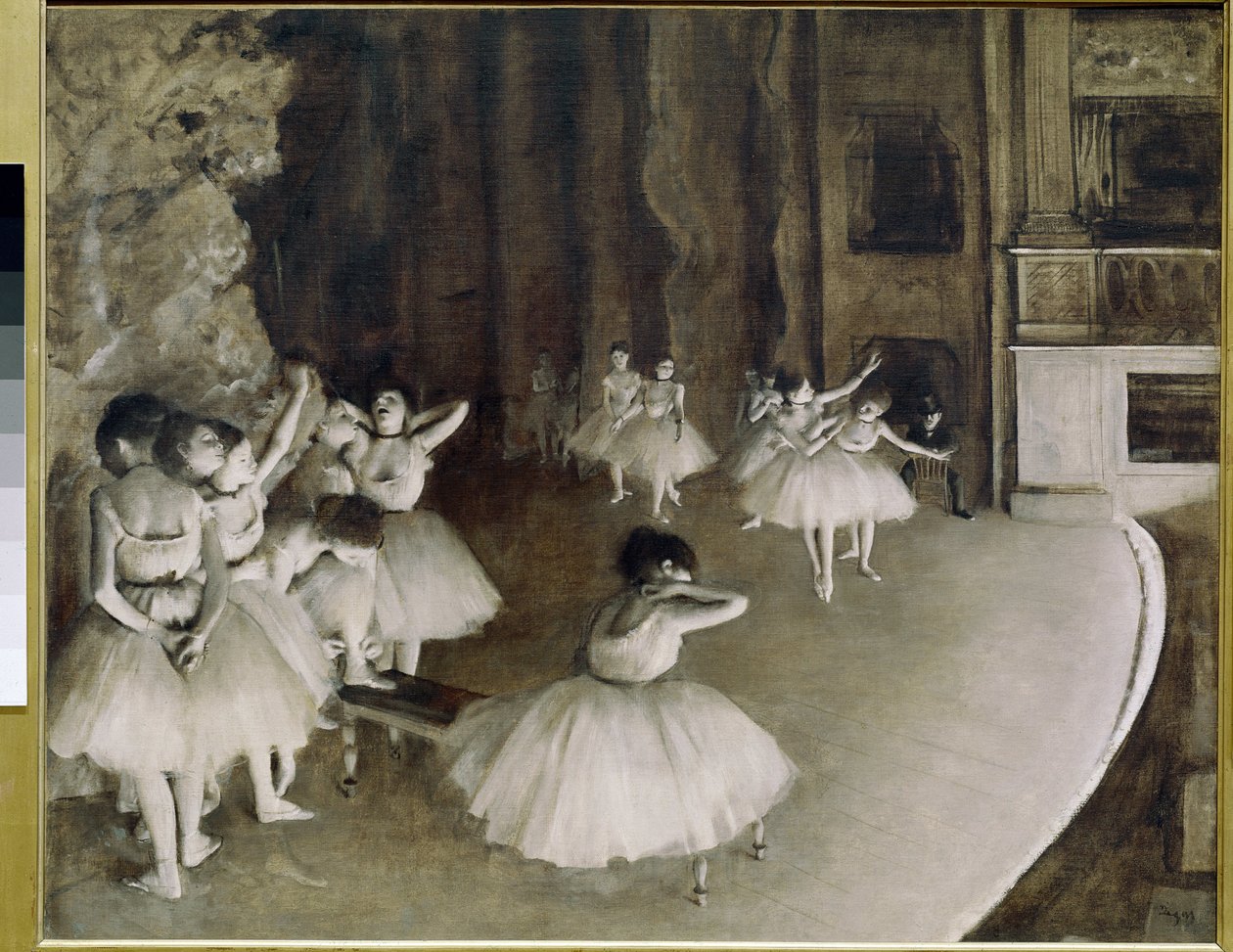 Próba baletowa na scenie (olej na płótnie) autorstwa Edgar Degas