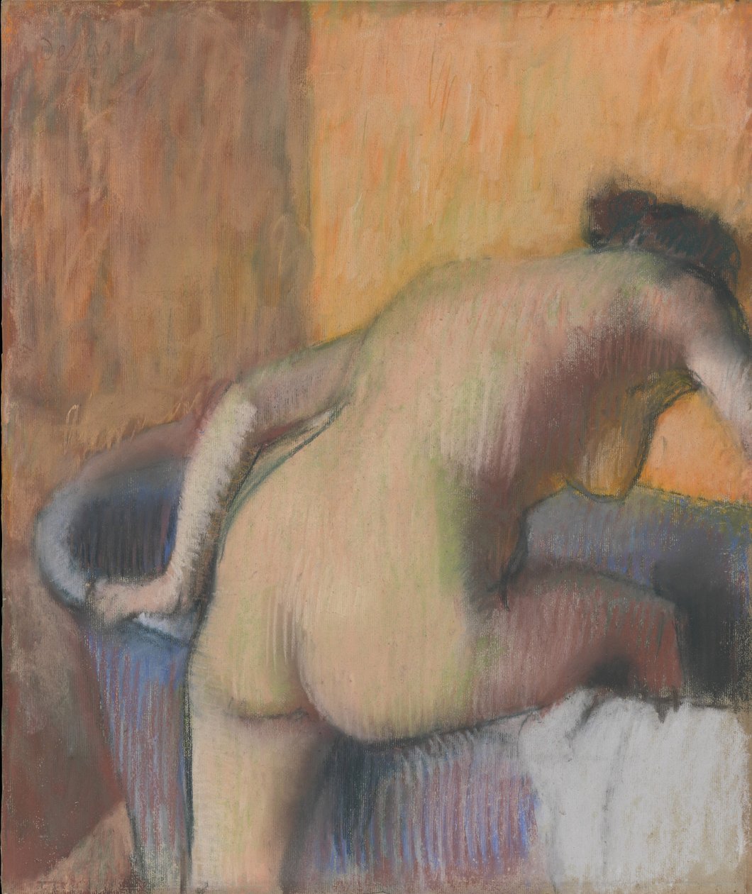 Kąpiący się wkraczając do wanny, ok. 1890 (pastel i węgiel na niebieskim papierze ułożonym na podkładce) autorstwa Edgar Degas