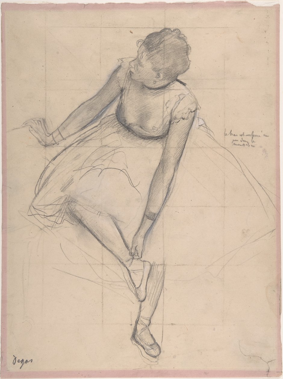 Tancerka poprawiająca pantofelek, 1873 (grafit podkreślony czarną i białą kredą na różowym papierze) autorstwa Edgar Degas