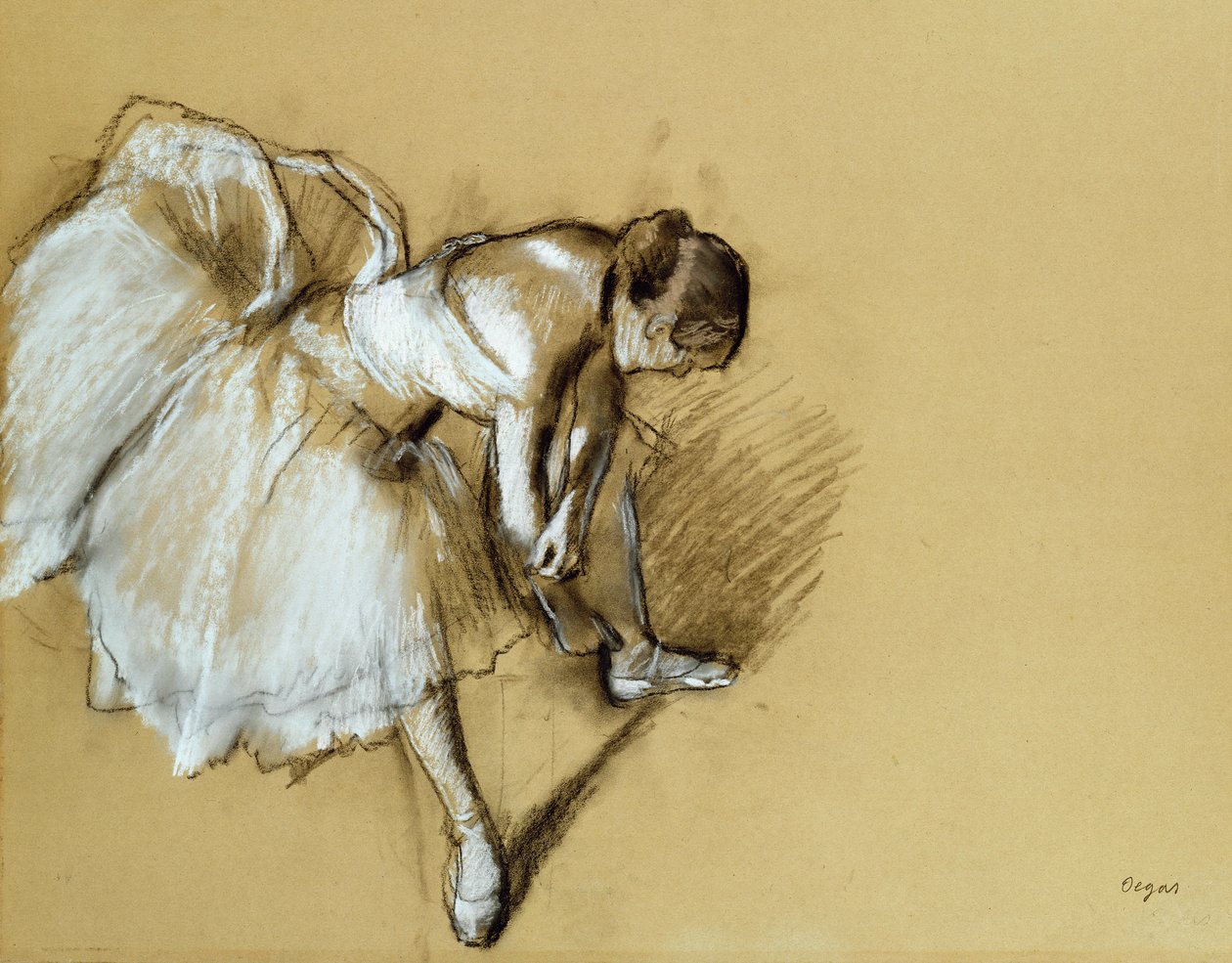 Tancerka poprawiająca swój but, ok. 1890 r autorstwa Edgar Degas