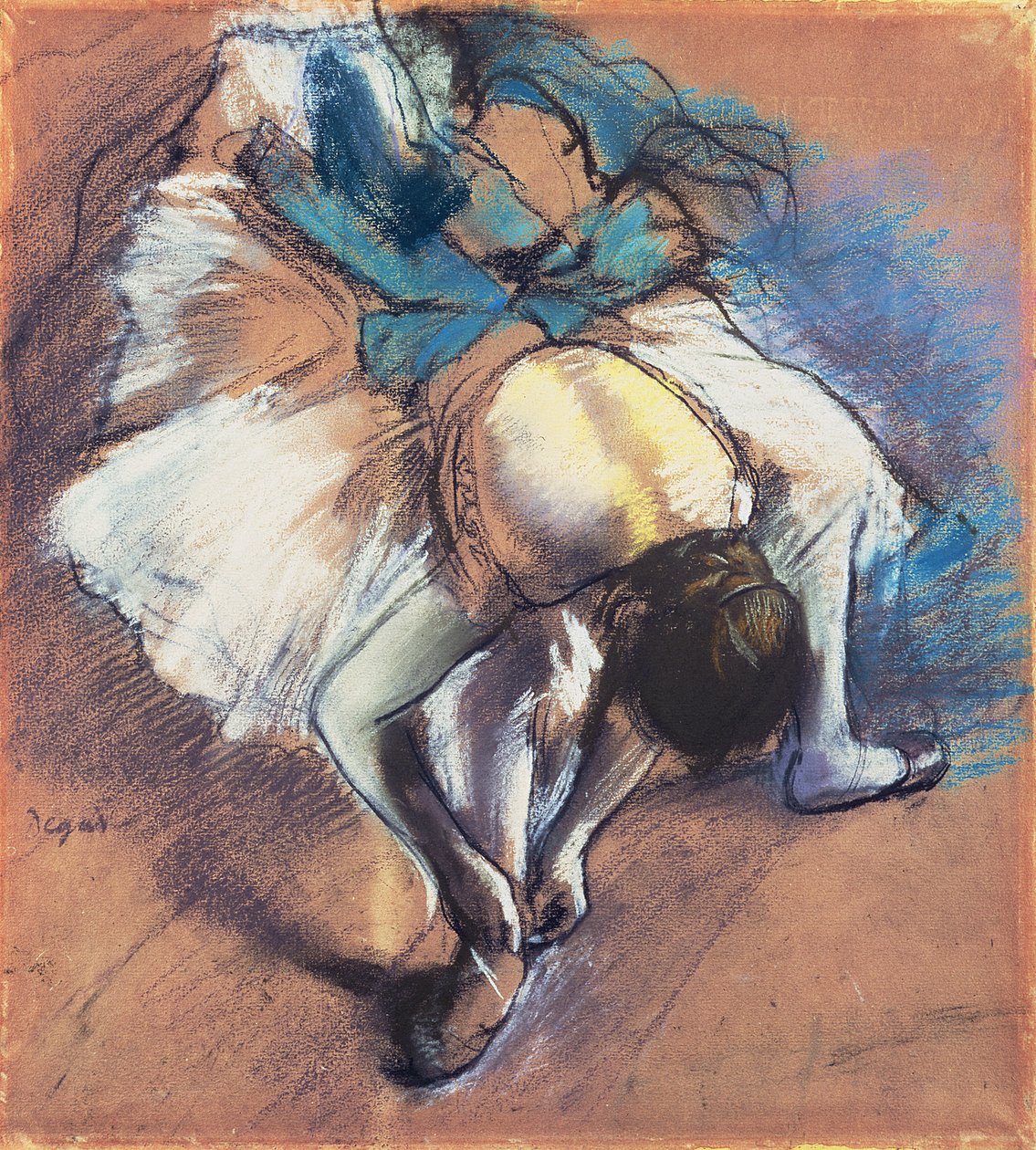 Tancerka mocująca pompę, ok. 1880-85 (pastelowa i czarna kreda na papierze płowożółtym) autorstwa Edgar Degas