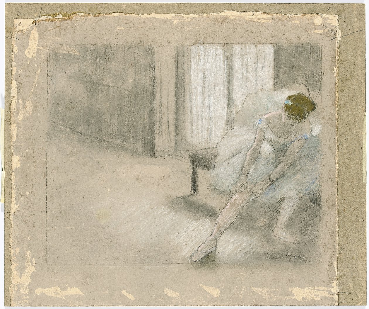 Siedząca tancerka, poprawiająca pończochę, Danseuse tirant son maillot autorstwa Edgar Degas