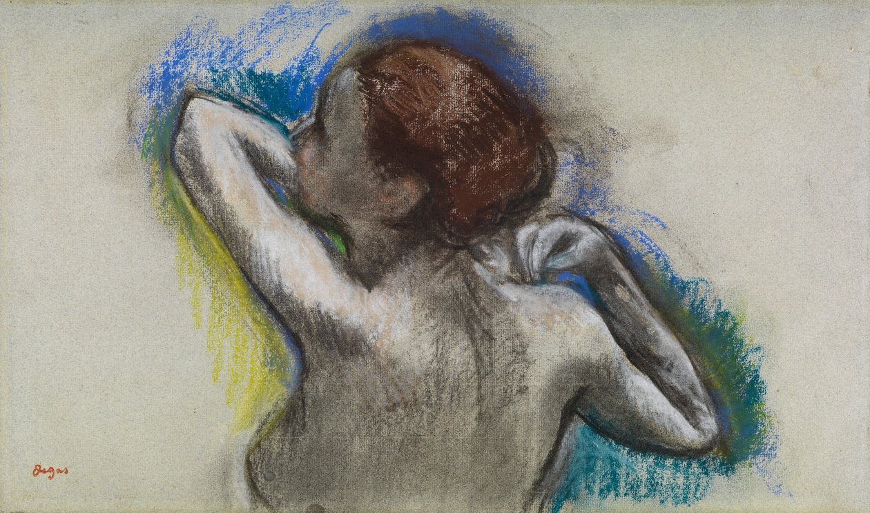 Tancerka poprawiająca pasek na ramię, ok. 1895-1900 (węgiel i pastel na papierze) autorstwa Edgar Degas