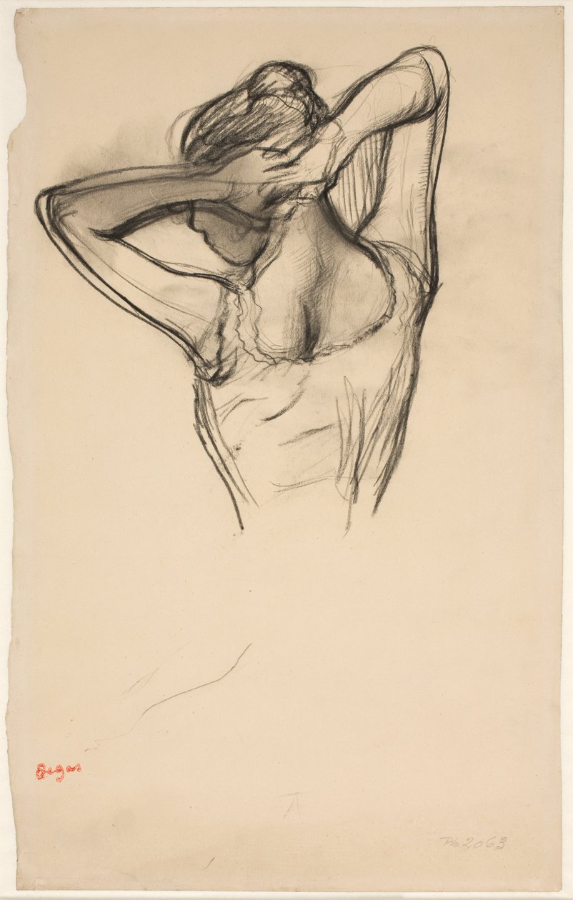 Tancerka, pół ciała, ręce skrzyżowane za głową, ok. 1890 (ołówek na papierze) autorstwa Edgar Degas