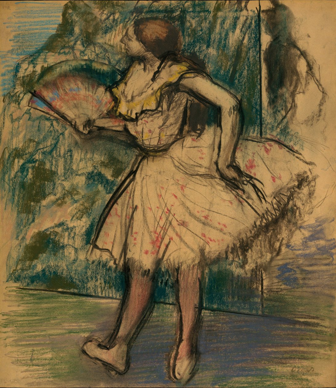 Tancerka z wachlarzem, ok. 1890-95 (pastel i węgiel na płowożółtej kalce kreślarskiej) autorstwa Edgar Degas