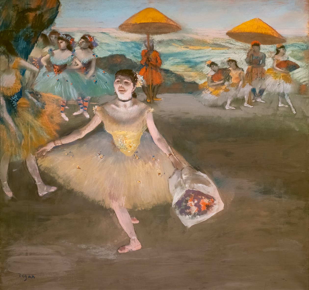 Tancerka z bukietem salutującym. 1878. Pastel na papierze welurowym marufle na płótnie. autorstwa Edgar Degas