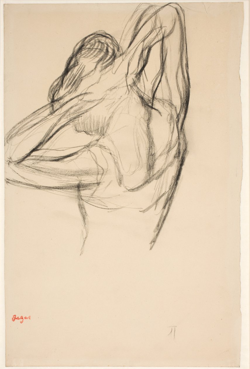 Tancerka układająca włosy; połowa figury z profilu w lewo, połowa z tyłu autorstwa Edgar Degas