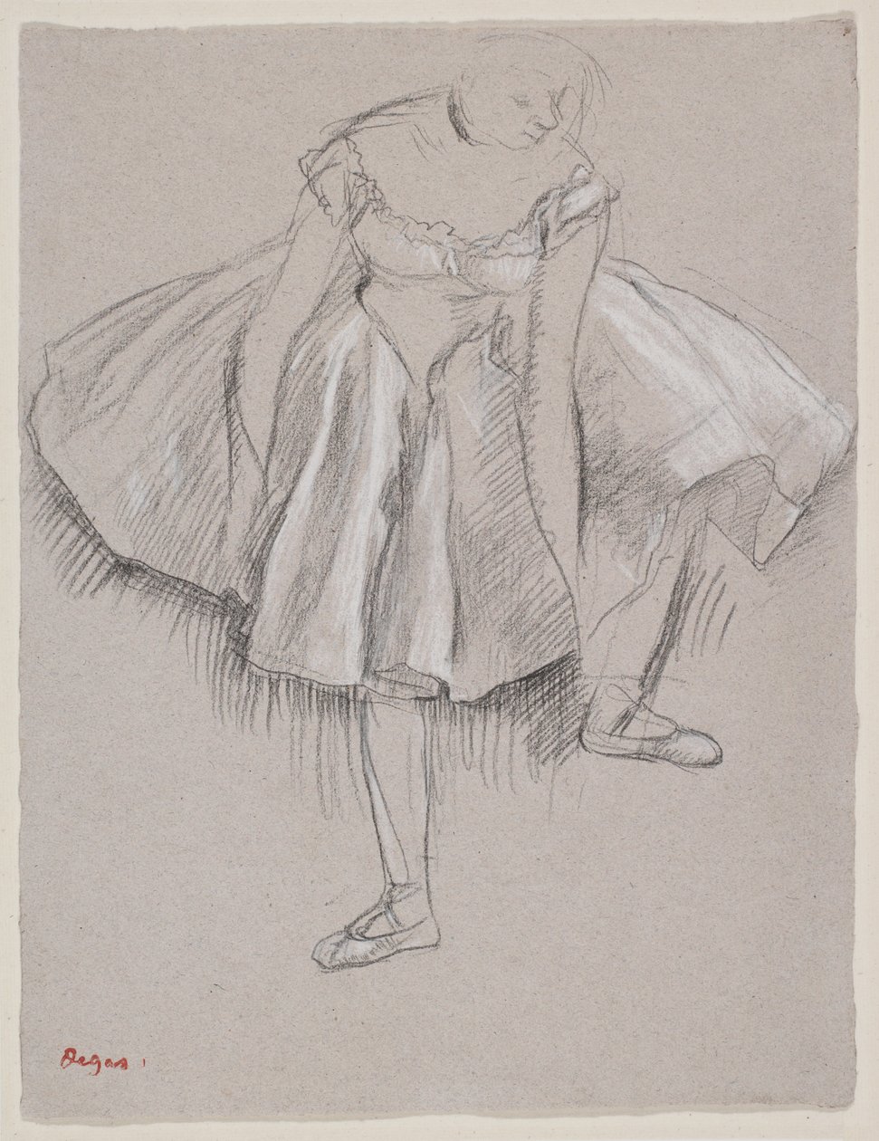 Tancerka poprawiająca pantofelek, początek lat 80. XIX wieku (węgiel i pastel na papierze) autorstwa Edgar Degas