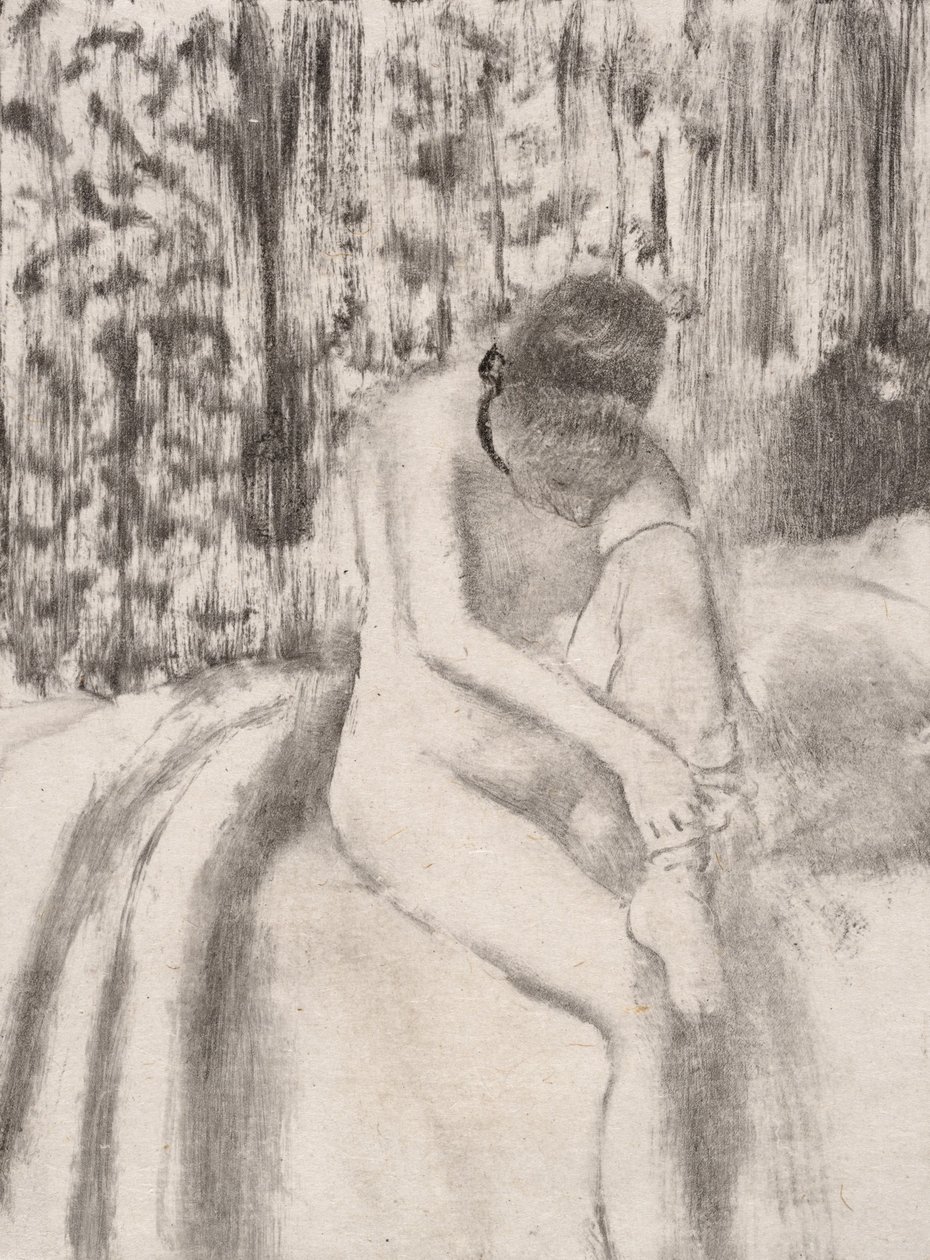 Dziewczyna zakładająca pończochy, 1876-77. autorstwa Edgar Degas