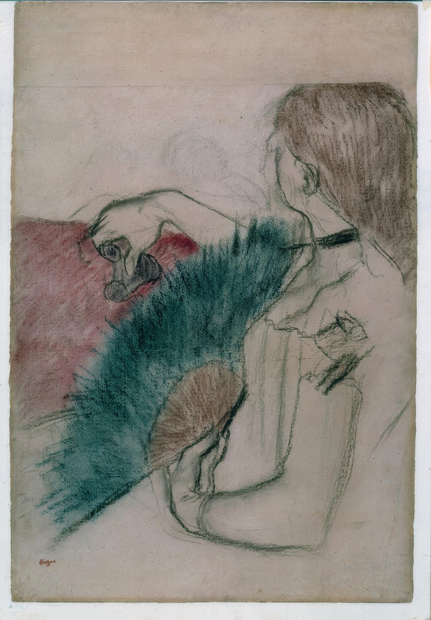 W teatrze: kobieta z wachlarzem autorstwa Edgar Degas