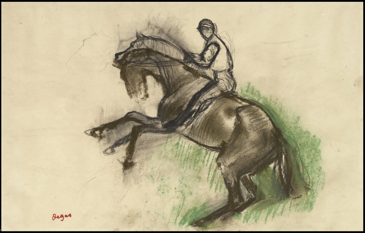 Dżokej na koniu hodowlanym, lata 90. XIX wieku autorstwa Edgar Degas