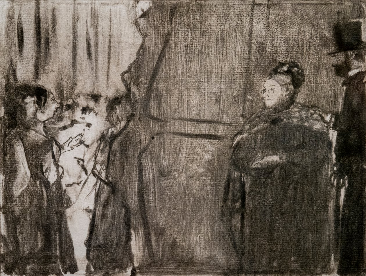 Spotkaj się za kulisami Ludivic Halevy i Madame Cardinal. Około 1876-1877. Monotyp ma czarny tusz. autorstwa Edgar Degas