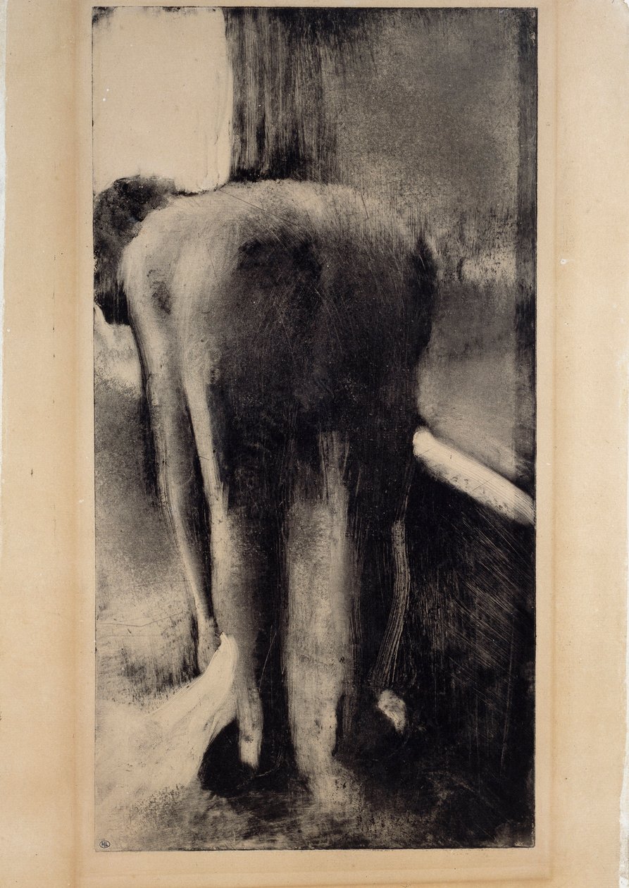 Naga kobieta zanurza stopy w pobliżu wanny. Monotypia czarnym tuszem autorstwa Edgara Degasa (1834-1917) 1879-1883 Ndz. 0,45 x 0,23 m Paryż. Muzeum w Luwrze autorstwa Edgar Degas