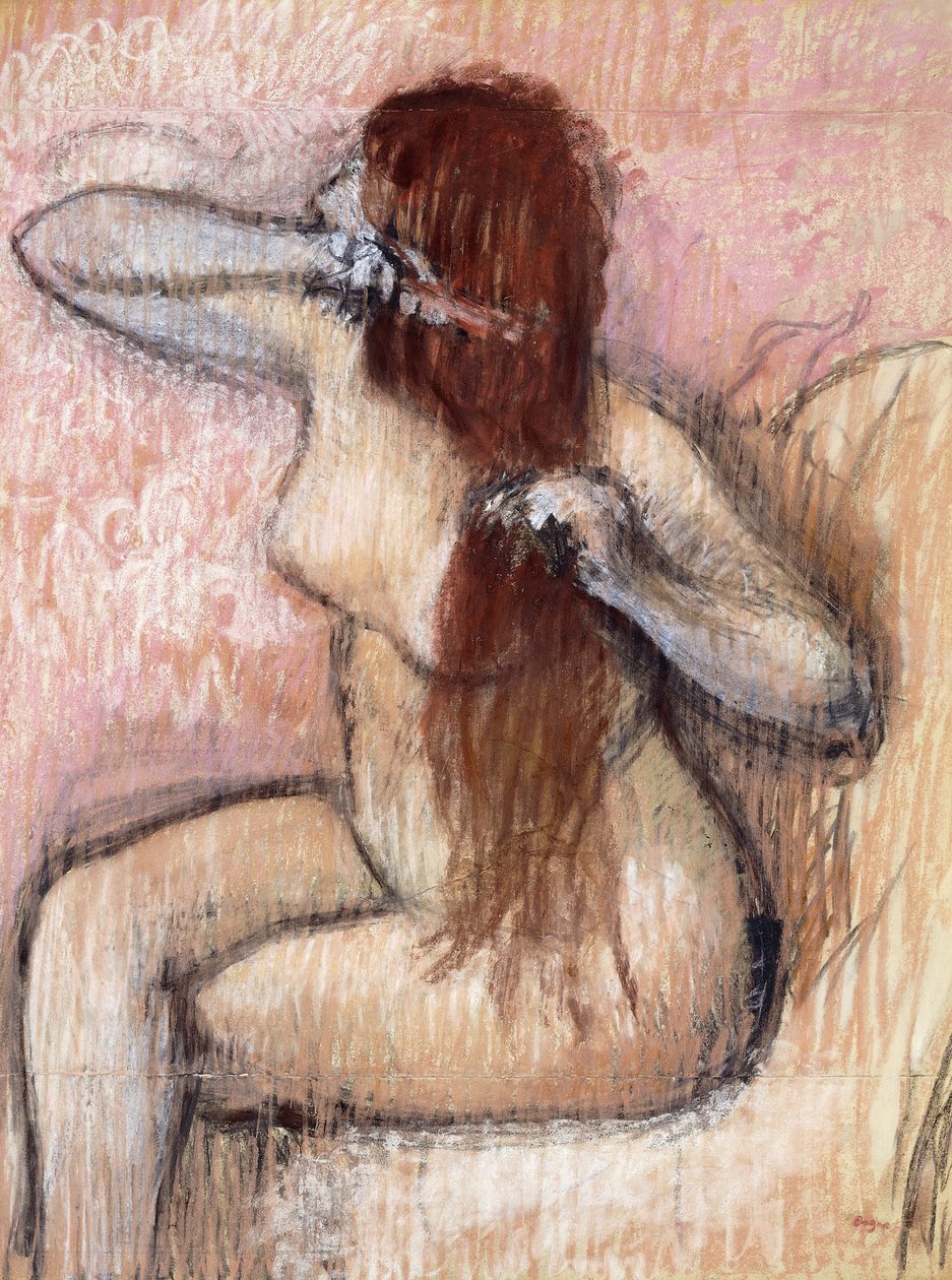 Nude siedząca kobieta układanie włosów; Femme nu assise, se coiffant, ok. 1887-1890 autorstwa Edgar Degas