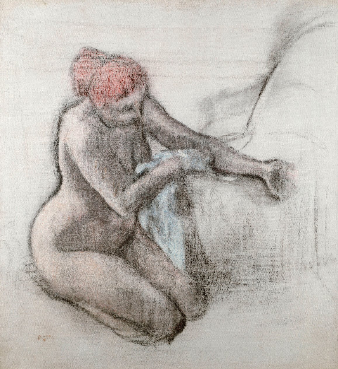Naga kobieta susząca się po kąpieli, ok. 1898 r. autorstwa Edgar Degas