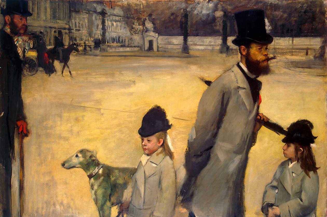 Place de la Concorde, wicehrabia Lepic i jego córki przechodzące przez Place de la Concorde, 1875. autorstwa Edgar Degas