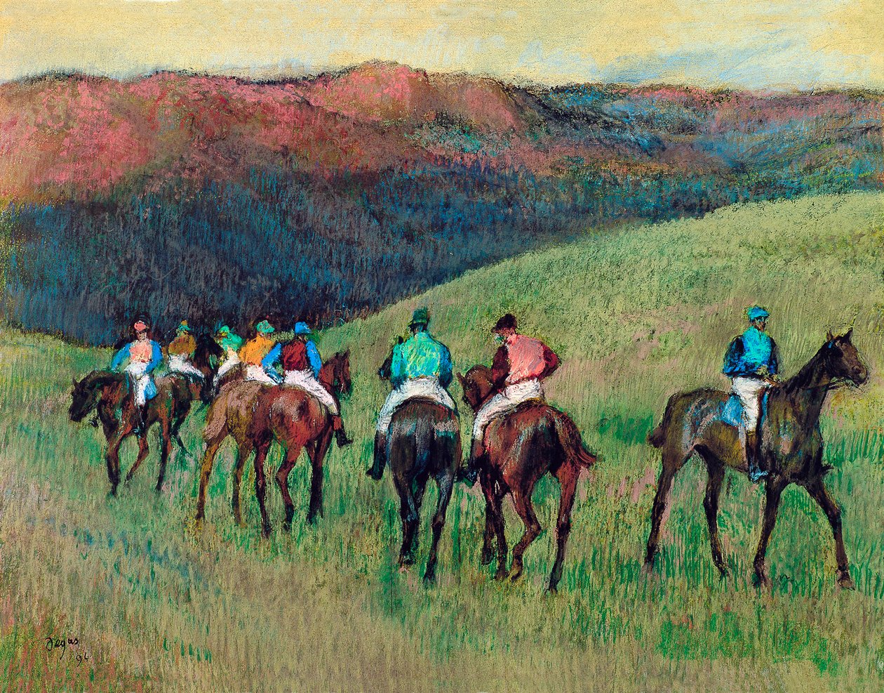 Konie wyścigowe w krajobrazie, 1894 autorstwa Edgar Degas