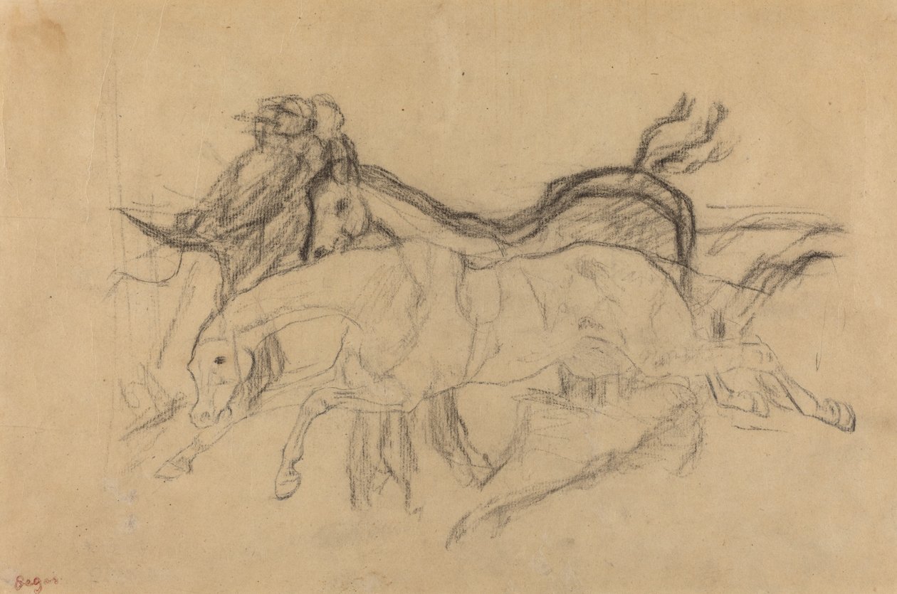 Konie wyścigowe studiują dla Scena z biegu z przeszkodami: Upadły dżokej, c. 1881. autorstwa Edgar Degas