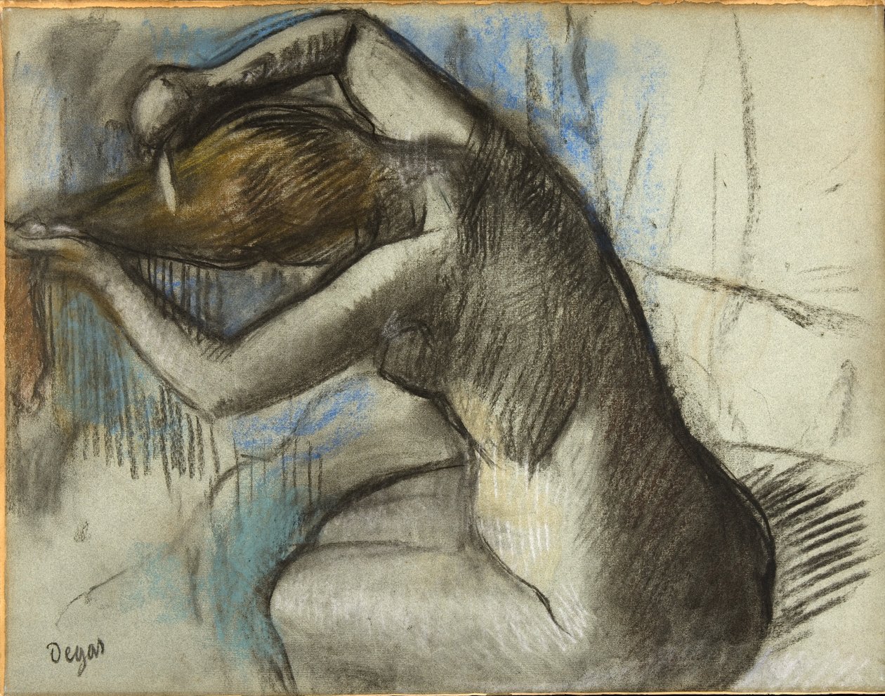 Siedząca naga kobieta czesząca włosy, ok. 1885 (węgiel drzewny i pastel na niebieskim papierze) autorstwa Edgar Degas
