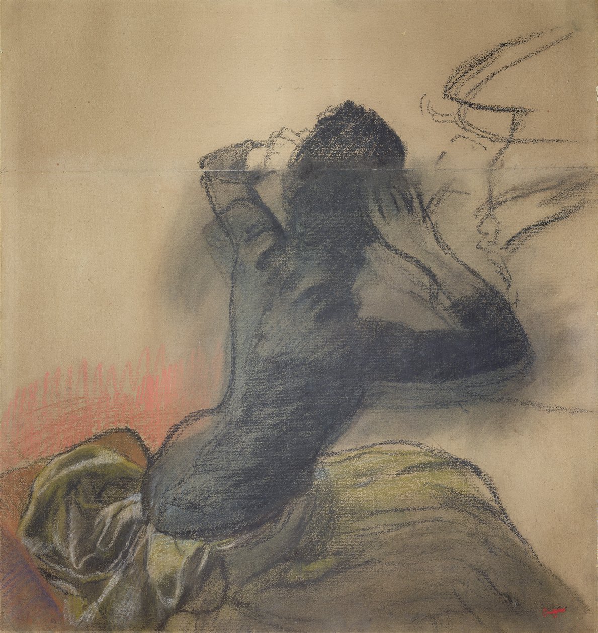 Siedząca kobieta poprawiająca włosy, ok. 1884 (kreda i pastel na papierze) autorstwa Edgar Degas
