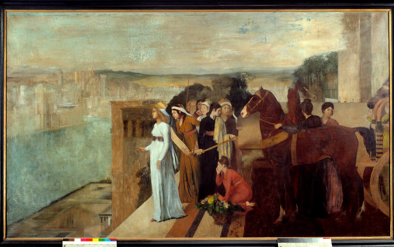 Semiramis budująca Babilon Semiramis (Semiramide), legendarna królowa Asyrii i Babilonii, kontempluje nad brzegiem Eufratu miasto, które stanie się jednym z Siedmiu Cudów Świata. Obraz Edgara Degasa (1834-1917) 1861 Nd. 1,51x2,58 autorstwa Edgar Degas