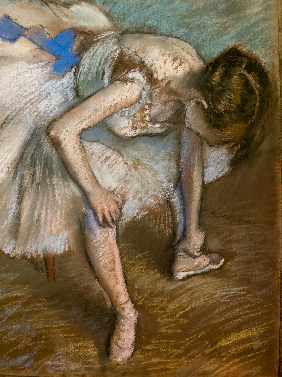 Siedząca tancerka masująca stopę (szczegół). 1881-1883. Pastel na brązowym papierze kleje na tekturze. autorstwa Edgar Degas