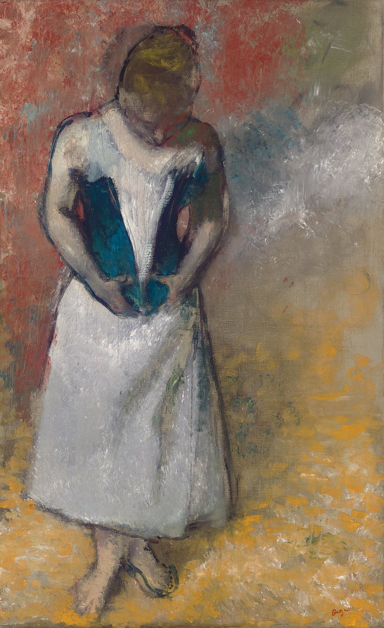 Stojąca kobieta widziana z przodu, zapinająca gorset; Femme debout et vue de face, agrafant son gorset autorstwa Edgar Degas