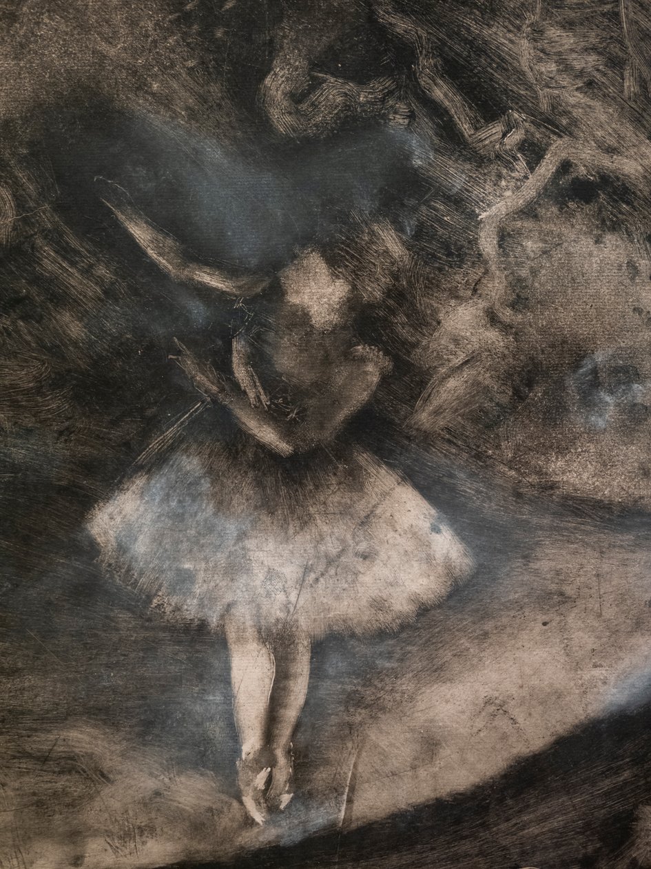 Master of Ballet (detal) (wykonany we współpracy z Ludoviciem Lepicem). 1876. Monotypia w czarnym tuszu z białymi kredowymi refleksami autorstwa Edgar Degas