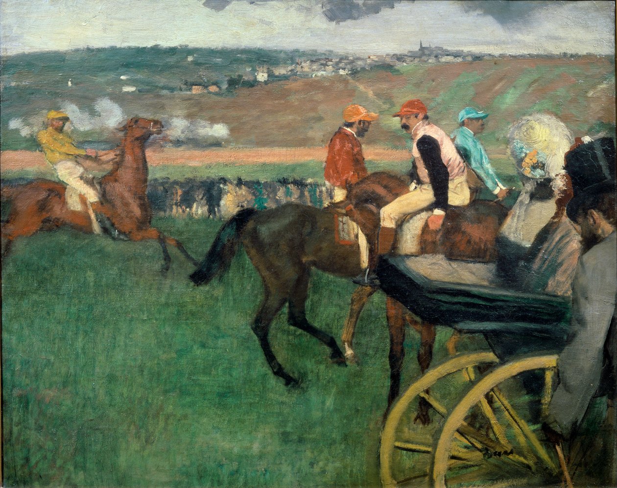 Tor wyścigowy, dżokeje amatorzy w pobliżu bryczki autorstwa Edgar Degas